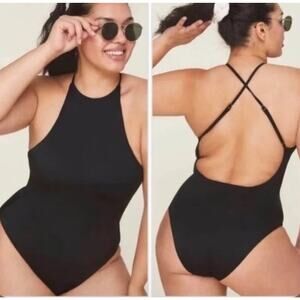 Andie The Asbury One Piece Large Black Halter Style Backless Swim NWT